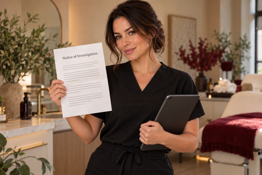AI-generated illustration — fictional nurse in black scrubs holding a tablet and a full-size Notice of Investigation letter