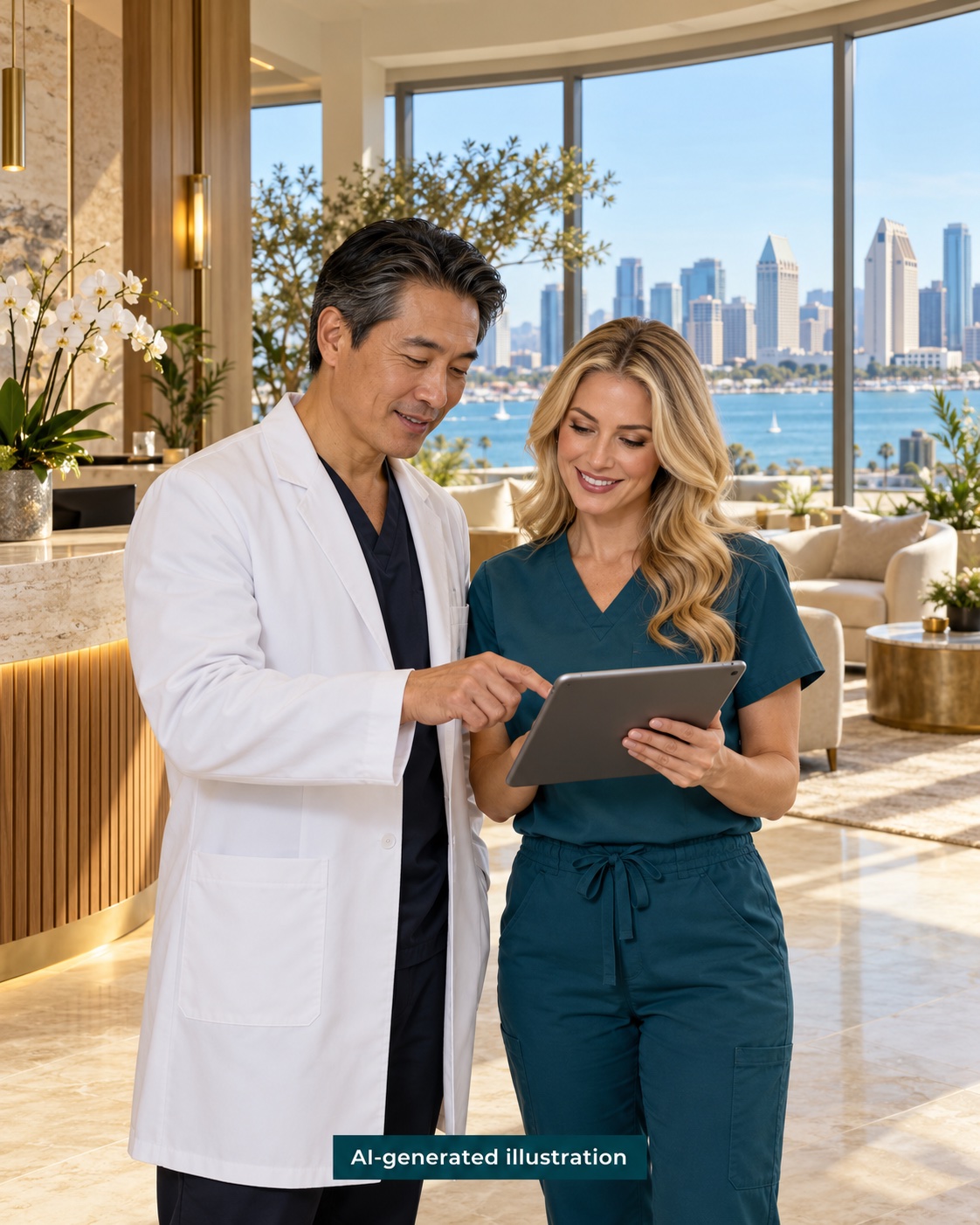 AI-generated scene of a fictional Asian supervising physician in a white coat and a blonde adult nurse practitioner reviewing a tablet in a luxury med-spa lobby overlooking the San Diego skyline.