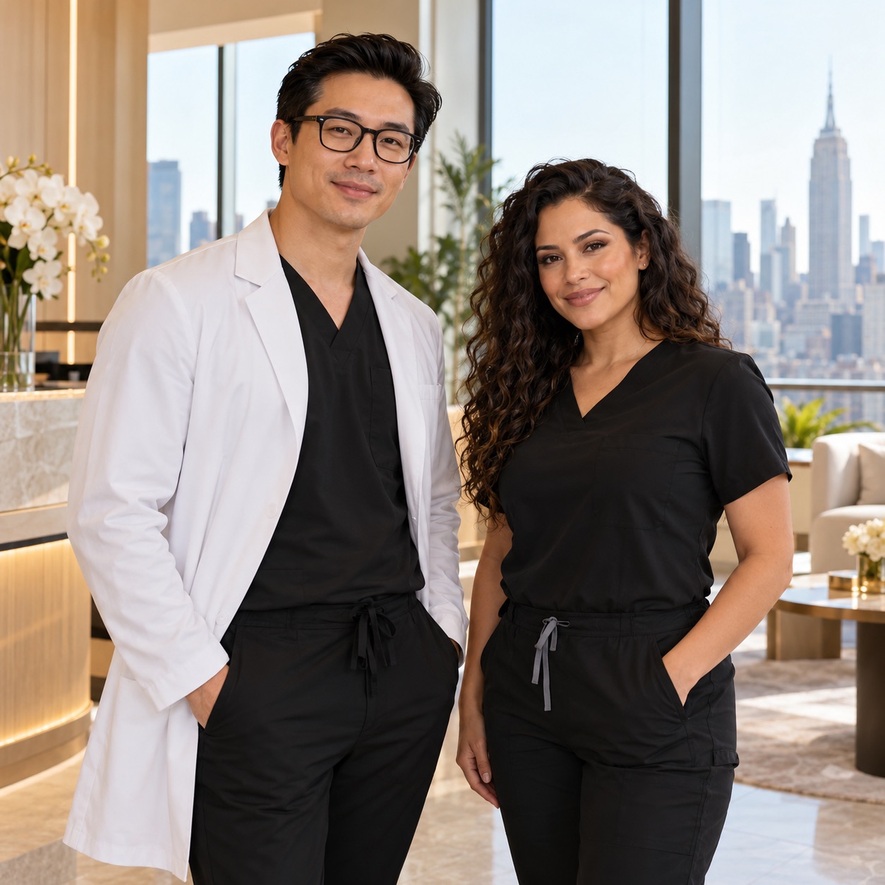 AI-generated illustration — fictional medical director and nurse in a med spa lobby overlooking New York City